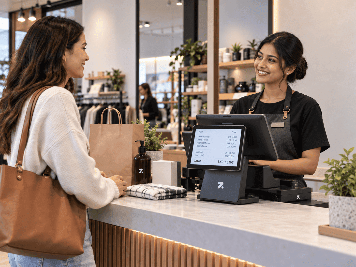 A customer receiving service at a modern retail checkout counter